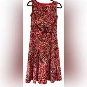Orvis size 6 ruched fit and flare abstract art print dress pink coral midi